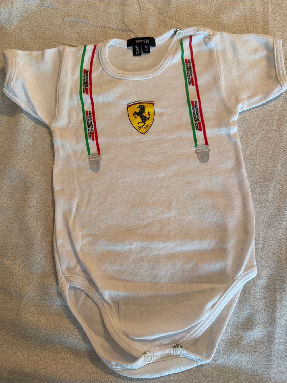 Ferrari White Bodysuit with Yellow Shield and Red-Green Straps